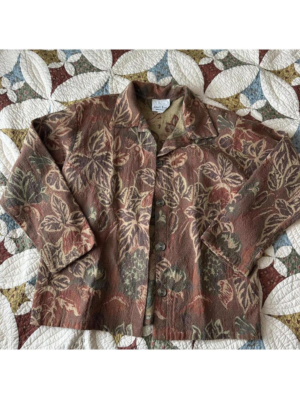 Vintage circa 70s brown floral leaves tapestry jacket fae fairy goblincore